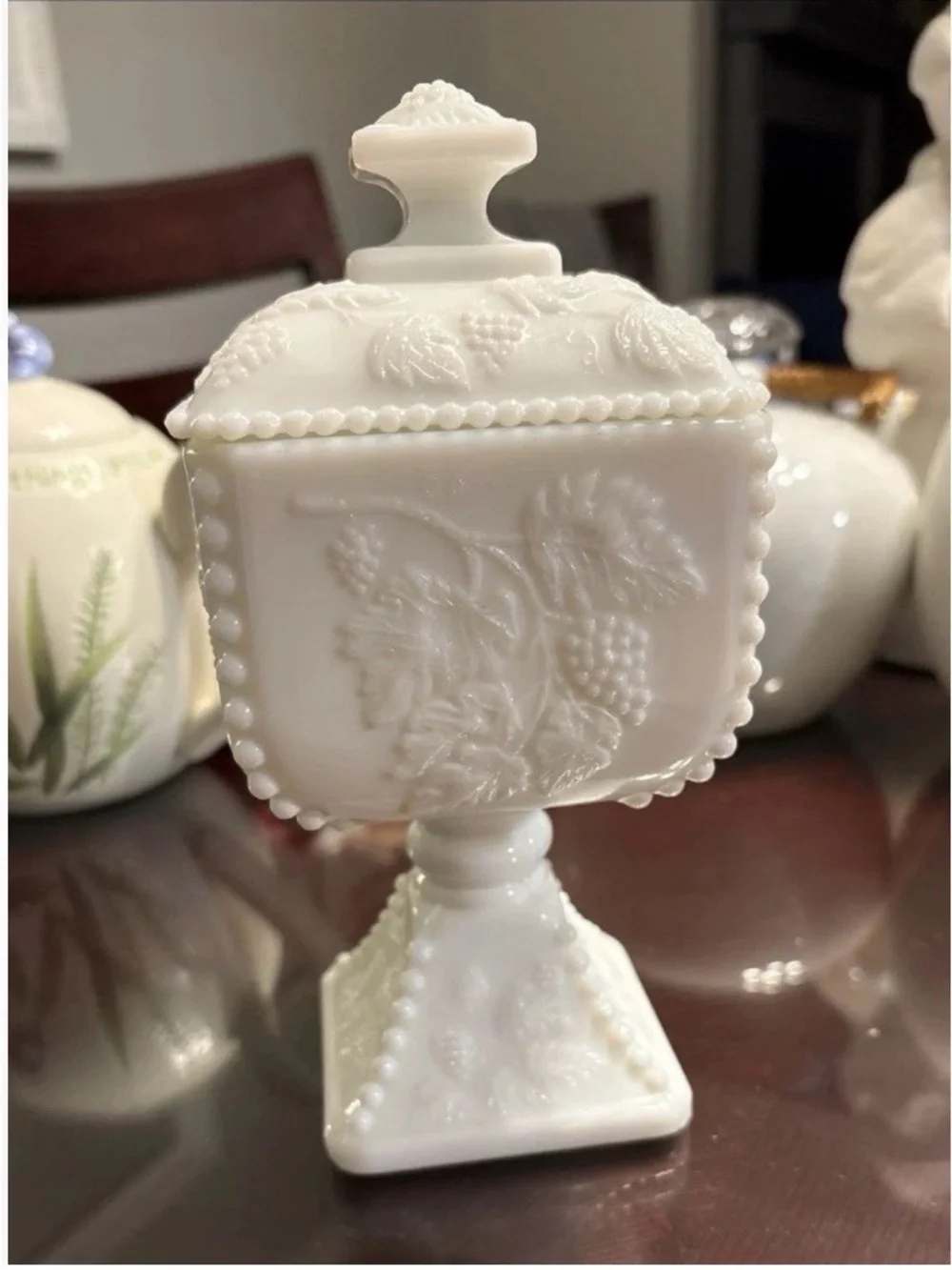 White Milk Glass Decorative Covered Compote